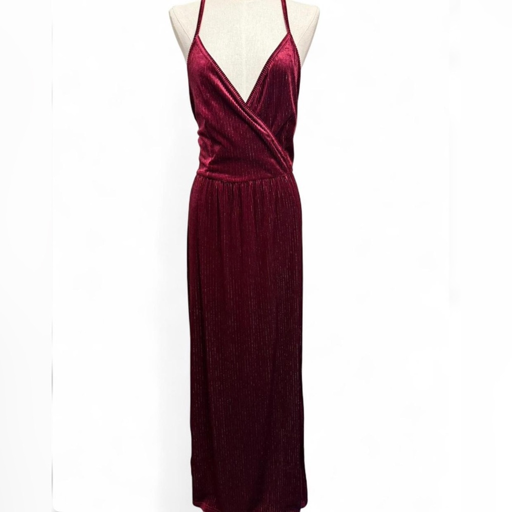 NWT Women’s Crushed Velvet Burgundy Wine Criss Cross Back Maxi Dress Size Large